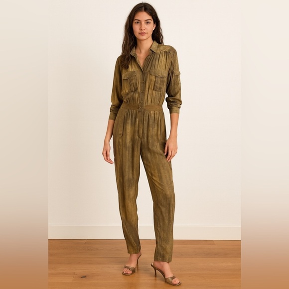 Bianca Pants - Vintage Bianca 100% Silk Jumpsuit Utility Military Olive Green Oversized Small​​
